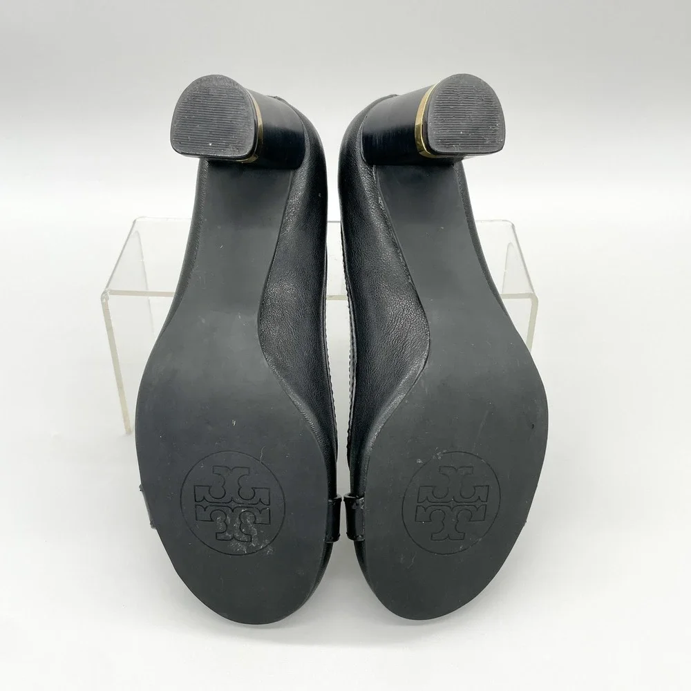 Tory Burch Womens 8.5M Pump Heels Shoes Black Leather Gold Buckle Office Classic